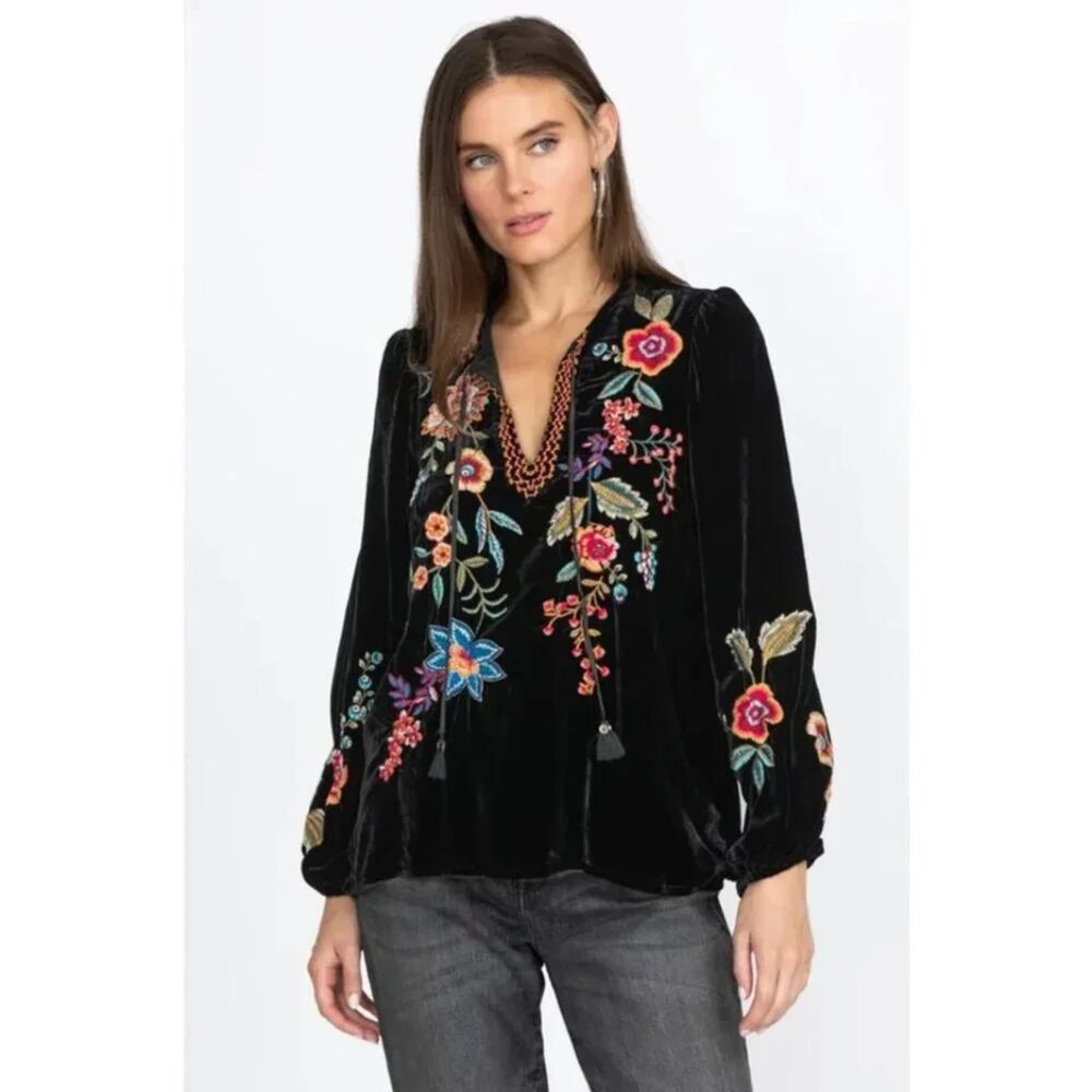 Johnny Was Ardell Velvet Embroidered Floral Puff Sleeve Blouse - Black/Multi M